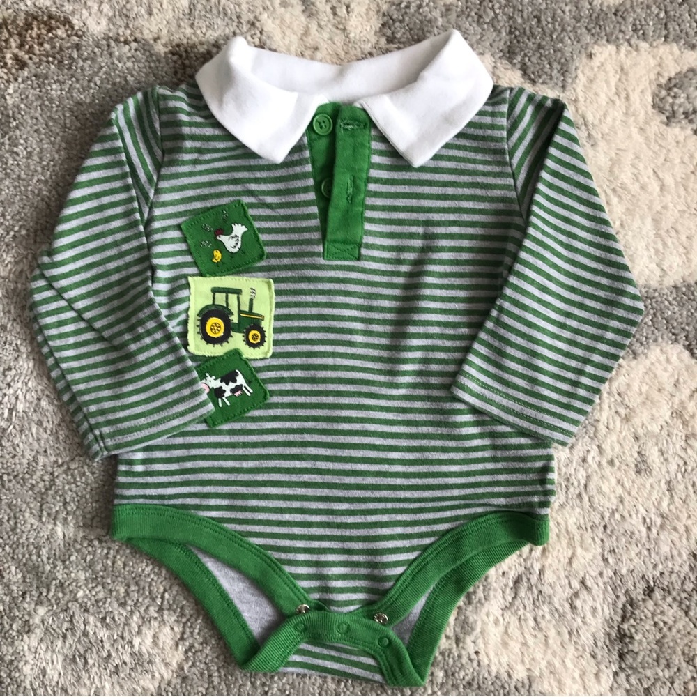 John Deere long sleeve boy striped polo onesie 12 months